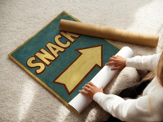 Retro Snacks Sign Poster – Vintage Diner Wall Art, Bold Yellow Arrow Print, 1950s - Inspired Kitchen Decor, Fun Gift for Food Lovers - Just Great Posters