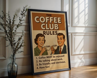 Retro Coffee Club Rules Poster – Vintage Café Wall Art, Funny Coffee Bar Decor, Kitchen Humor Print, Coffee Lover Gift, Free Shipping Always - Just Great Posters