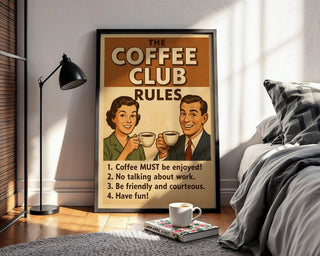 Retro Coffee Club Rules Poster – Vintage Café Wall Art, Funny Coffee Bar Decor, Kitchen Humor Print, Coffee Lover Gift, Free Shipping Always - Just Great Posters