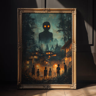 Framed artwork of a giant silhouette with glowing eyes in a forest setting.