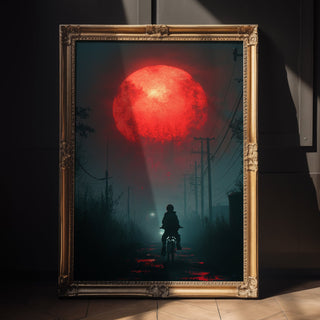 Framed artwork of a red sun and silhouette on a dark background