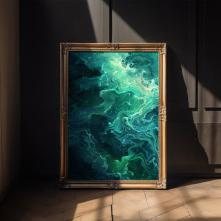 Dark Ocean Abstract Wall Art – Moody Blue and Cream Wave Texture Print - Just Great Posters