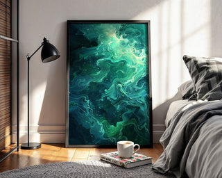 Dark Ocean Abstract Wall Art – Moody Blue and Cream Wave Texture Print - Just Great Posters