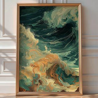 Abstract Coastal Wave Wall Art – Golden Foam & Deep Sea Green Modern Print - Just Great Posters