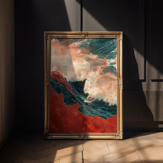 Abstract Red and Teal Wave Art Print – Bold Coastal Wall Decor with Movement - Just Great Posters