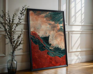 Abstract Red and Teal Wave Art Print – Bold Coastal Wall Decor with Movement - Just Great Posters