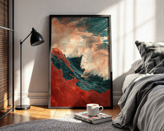 Abstract Red and Teal Wave Art Print – Bold Coastal Wall Decor with Movement - Just Great Posters