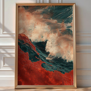 Abstract Red and Teal Wave Art Print – Bold Coastal Wall Decor with Movement - Just Great Posters