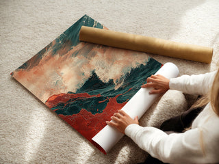Abstract Red and Teal Wave Art Print – Bold Coastal Wall Decor with Movement - Just Great Posters