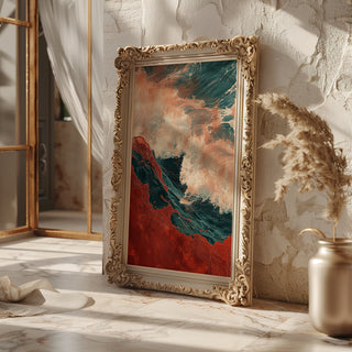 Abstract Red and Teal Wave Art Print – Bold Coastal Wall Decor with Movement - Just Great Posters