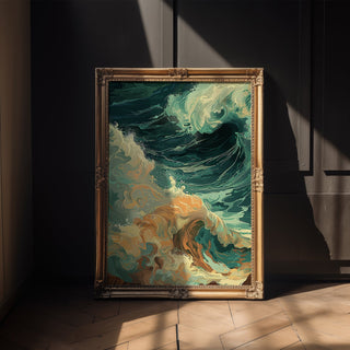 Abstract Coastal Wave Wall Art – Golden Foam & Deep Sea Green Modern Print - Just Great Posters