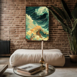 Abstract Coastal Wave Wall Art – Golden Foam & Deep Sea Green Modern Print - Just Great Posters