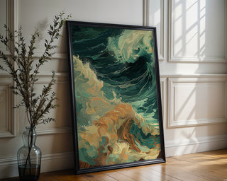 Abstract Coastal Wave Wall Art – Golden Foam & Deep Sea Green Modern Print - Just Great Posters