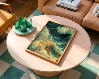 Abstract Coastal Wave Wall Art – Golden Foam & Deep Sea Green Modern Print - Just Great Posters
