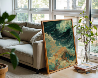 Abstract Coastal Wave Wall Art – Golden Foam & Deep Sea Green Modern Print - Just Great Posters