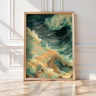 Abstract Coastal Wave Wall Art – Golden Foam & Deep Sea Green Modern Print - Just Great Posters
