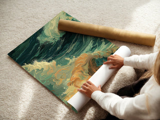 Abstract Coastal Wave Wall Art – Golden Foam & Deep Sea Green Modern Print - Just Great Posters