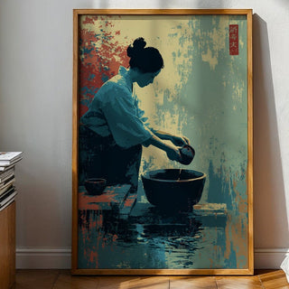 Framed artwork of a woman washing dishes in a bedroom with wooden bed and radiator.