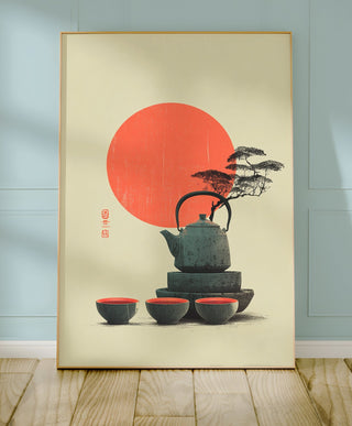 Red Sun & Teapot Poster – Japanese Minimal Autumn Print - Just Great Posters