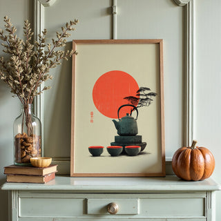 Red Sun & Teapot Poster – Japanese Minimal Autumn Print - Just Great Posters