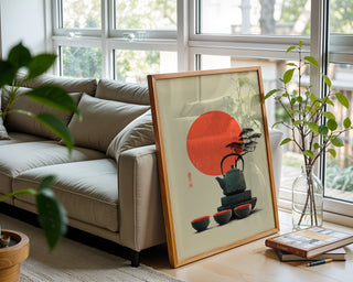 Red Sun & Teapot Poster – Japanese Minimal Autumn Print - Just Great Posters