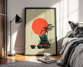 Red Sun & Teapot Poster – Japanese Minimal Autumn Print - Just Great Posters