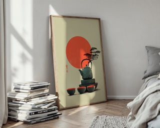 Red Sun & Teapot Poster – Japanese Minimal Autumn Print - Just Great Posters