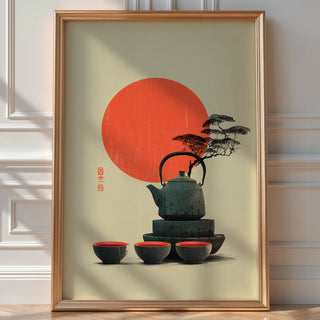 Red Sun & Teapot Poster – Japanese Minimal Autumn Print - Just Great Posters