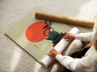 Red Sun & Teapot Poster – Japanese Minimal Autumn Print - Just Great Posters
