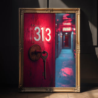 Red door with number 313 and keyhole framed by a gold border, with a blurred hallway in the background.