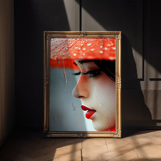 Crimson Rain – Close - Up Portrait in Red and Raindrops - Just Great Posters