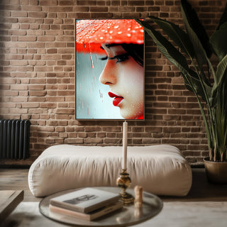 Crimson Rain – Close - Up Portrait in Red and Raindrops - Just Great Posters