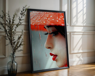 Crimson Rain – Close - Up Portrait in Red and Raindrops - Just Great Posters