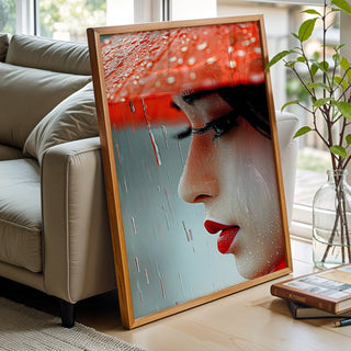 Crimson Rain – Close - Up Portrait in Red and Raindrops - Just Great Posters