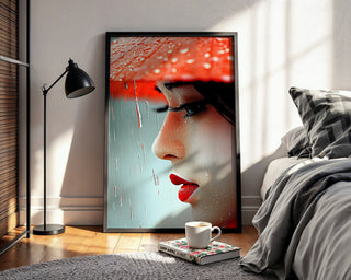 Crimson Rain – Close - Up Portrait in Red and Raindrops - Just Great Posters