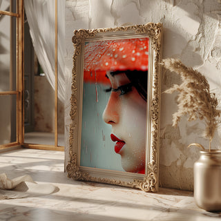 Crimson Rain – Close - Up Portrait in Red and Raindrops - Just Great Posters