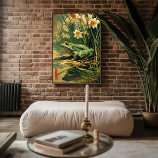 Spring Watcher – Frog and Daffodils Japanese Garden Art Print - Just Great Posters