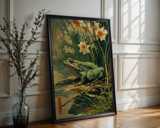 Spring Watcher – Frog and Daffodils Japanese Garden Art Print - Just Great Posters