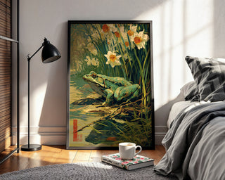 Spring Watcher – Frog and Daffodils Japanese Garden Art Print - Just Great Posters