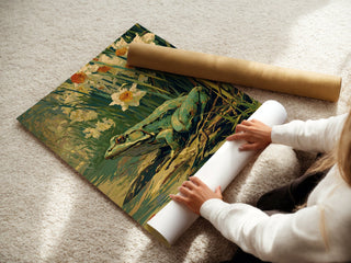 Spring Watcher – Frog and Daffodils Japanese Garden Art Print - Just Great Posters