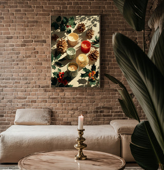 Festive Candle Flatlay Print – Modern Christmas Wall Art with Holly and Pinecones - Just Great Posters