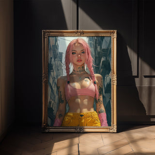 Neon Brawler – Pink - Haired Street Style Portrait Art Print - Just Great Posters