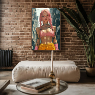 Neon Brawler – Pink - Haired Street Style Portrait Art Print - Just Great Posters