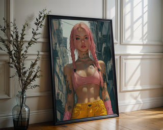 Neon Brawler – Pink - Haired Street Style Portrait Art Print - Just Great Posters