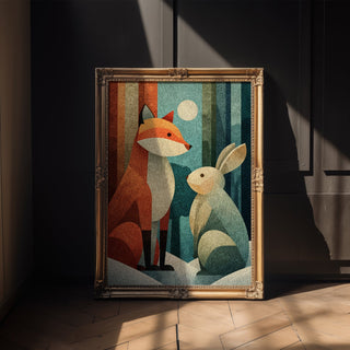 Fox and Bunny Winter Art Print – Whimsical Animal Poster - Just Great Posters
