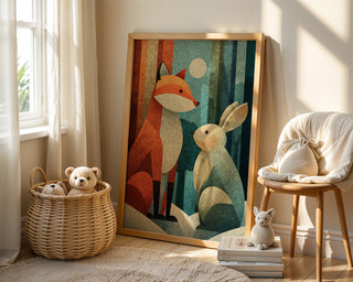 Fox and Bunny Winter Art Print – Whimsical Animal Poster - Just Great Posters