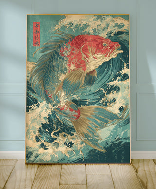 Japanese Koi Fish Art Print – Vintage Woodblock Style Ocean Wave Poster - Just Great Posters