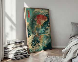 Japanese Koi Fish Art Print – Vintage Woodblock Style Ocean Wave Poster - Just Great Posters