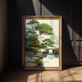 Lush Garden Pond with Bridge – Painterly Landscape - Just Great Posters