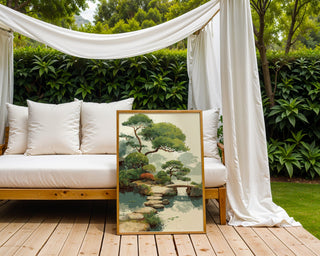 Lush Garden Pond with Bridge – Painterly Landscape - Just Great Posters